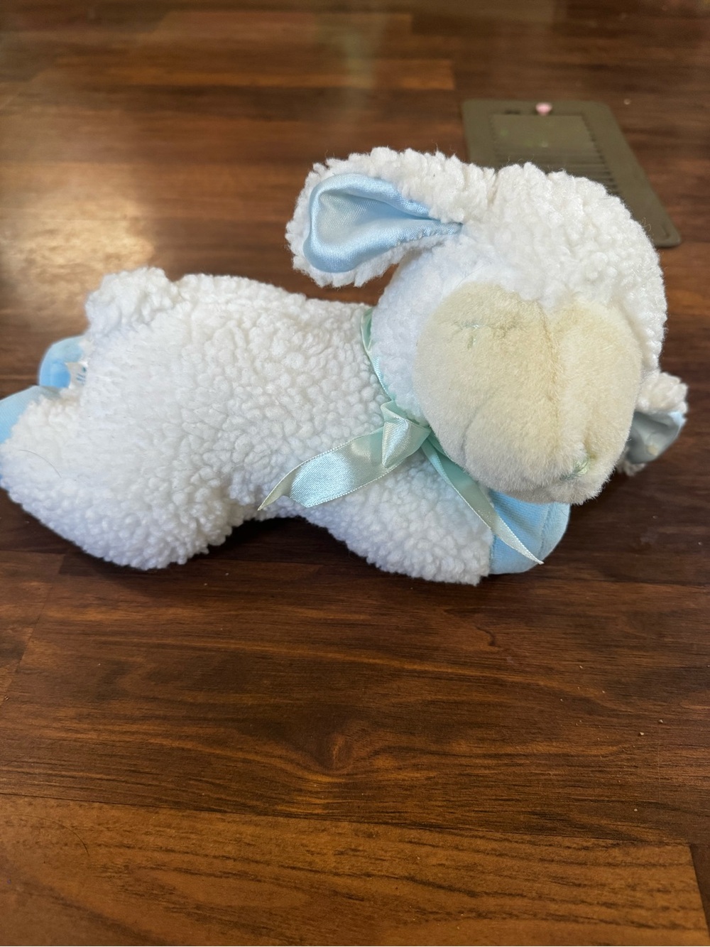 Plush White Lamb Decorative Accent with Blue Ribbon - Playes Lullabies